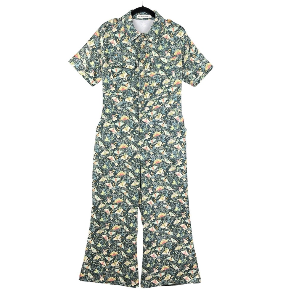 SM Wardrobe Women's Corduroy Jumpsuit Large Botanical Moth Print Wide Leg Retro